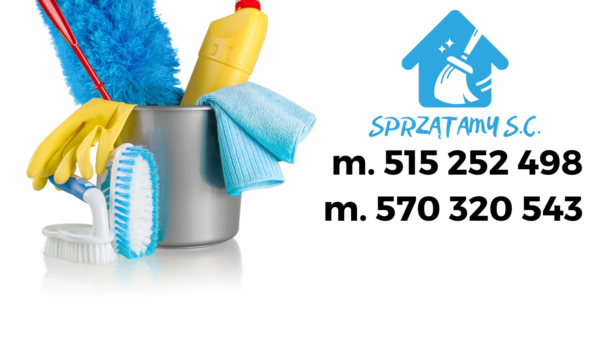 Wiadro ze środkami czystości: żółte rękawice, niebieska ścierka z mikrofibry, szczotka i płyn do czyszczenia, obok logo firmy sprzątającej 'Sprzątamy S.C.' z numerami telefonów.