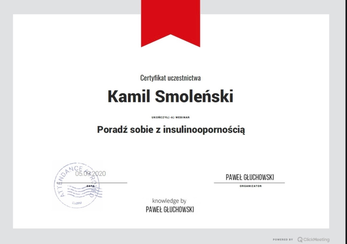 Certyfikat ukończenia webinaru 'Poradź sobie z insulinoopornością' wystawiony na imię Kamil Smoleński, z datą 05.09.2020 i podpisem Pawła Głuchowskiego.