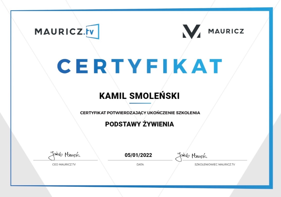 Certyfikat ukończenia szkolenia z podstaw żywienia dla Kamila Smoleńskiego, wydany przez Mauricz.tv z datą 05/01/2022.