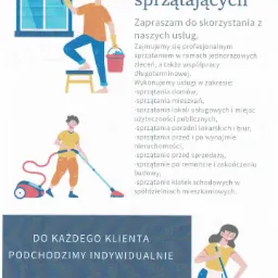 Ilustracja z ofertą usług sprzątających, przedstawiająca mężczyznę myjącego okno ściągaczką, kobietę odkurzającą podłogę i kobietę zamiatającą podłogę miotłą.