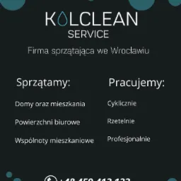 Logo firmy sprzątającej Kolclean Service z Wrocławia, oferującej sprzątanie domów, mieszkań, powierzchni biurowych i wspólnot mieszkaniowych, kontakt telefoniczny i mailowy.
