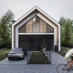 Wizualizacja nowoczesnego domu jednorodzinnego z garażem, z elewacją w bieli i czerni, dużą przeszkoloną ścianą szczytową, szarą kostką brukową na podjeździe, szarym samochodem i rozmyta sylwetką...