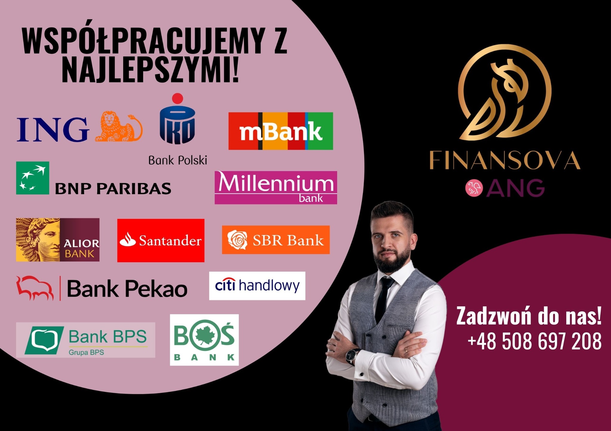 Grafika reklamowa z logotypami różnych banków i numerem telefonu, w tle wizerunek mężczyzny w kamizelce.