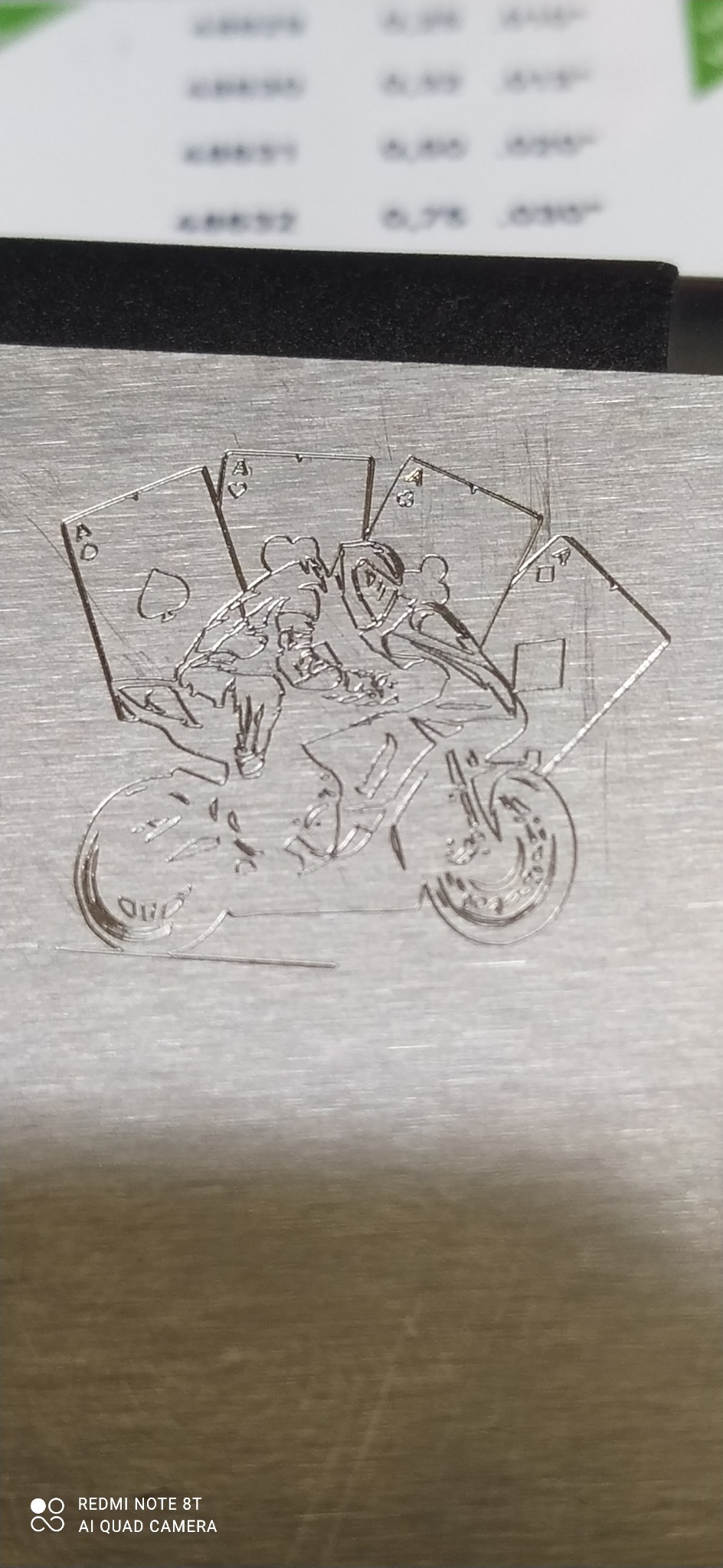 Grawerowany motocyklista na metalu otoczony asami kart, wykonany prawdopodobnie laserem.