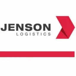 Logo firmy Jenson Logistics z czerwoną strzałką skierowaną w prawo i poziomą czerwoną linią pod nazwą.
