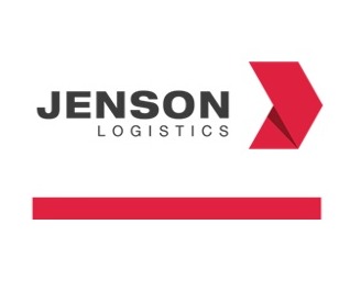 Logo firmy Jenson Logistics z czerwoną strzałką skierowaną w prawo i poziomą czerwoną linią pod nazwą.