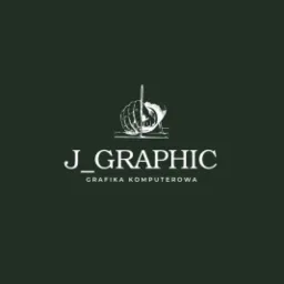 Logo firmy J_GRAPHIC z grafiką komputerową, przedstawiające dłoń trzymającą ołówek nad globusem, w kolorystyce bieli i ciemnej zieleni.