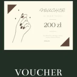 Grafika vouchera o wartości 200 zł na zabiegi w salonie SparkleNails, z minimalistycznym rysunkiem dłoni z ciemnymi paznokciami i dekoracyjnymi elementami geometrycznymi.