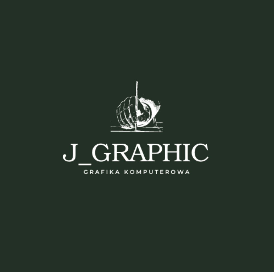 Logo firmy J_GRAPHIC z grafiką komputerową, przedstawiające dłoń trzymającą ołówek nad globusem, w kolorystyce bieli i ciemnej zieleni.