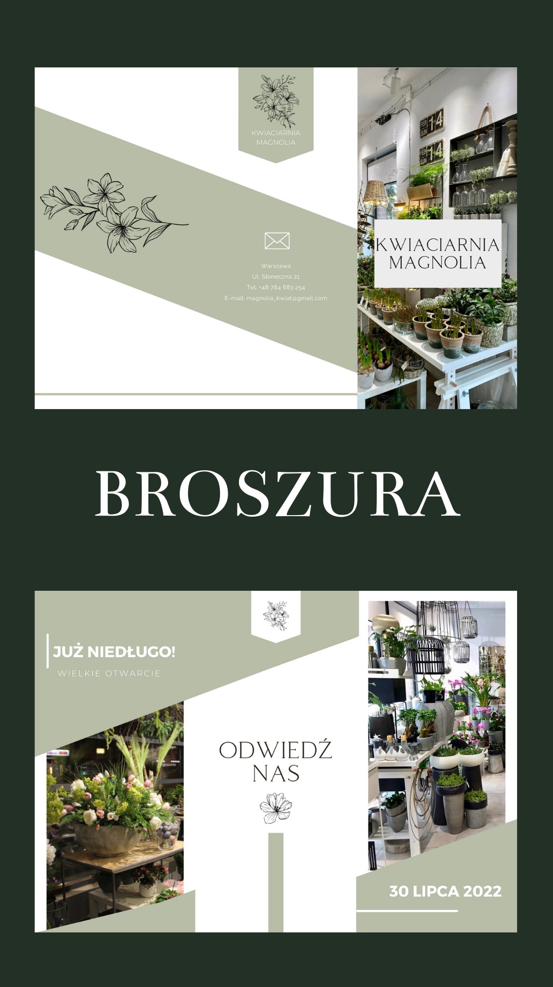 Broszura reklamowa kwiaciarni Magnolia z wizualizacją wnętrza sklepu, adresem, datą otwarcia i kwiatowym motywem graficznym.