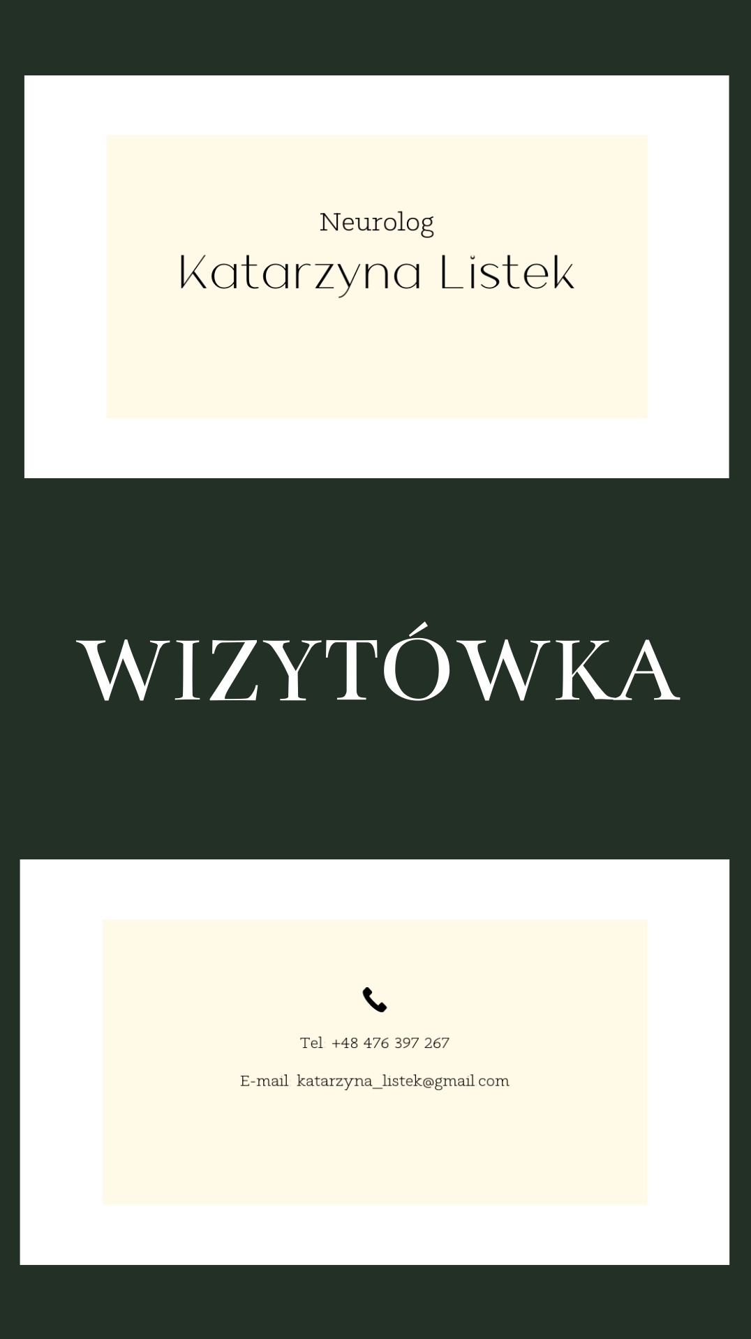 Minimalistyczna wizytówka neurologa Katarzyny Listek z numerem telefonu i adresem e-mail na kremowym tle.