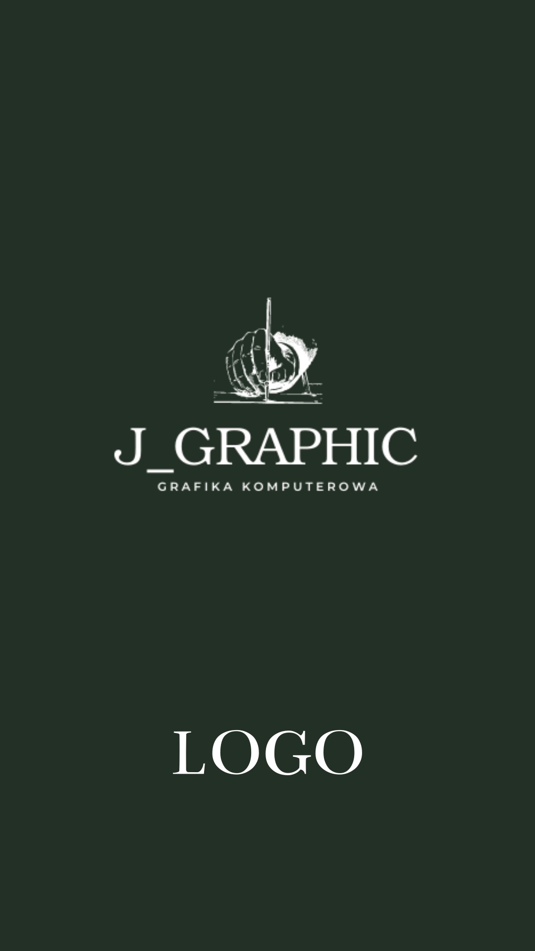 Logo firmy J_GRAPHIC z motywem ręki trzymającej pióro, napis Grafika Komputerowa pod nazwą, umieszczone na ciemnozielonym tle.