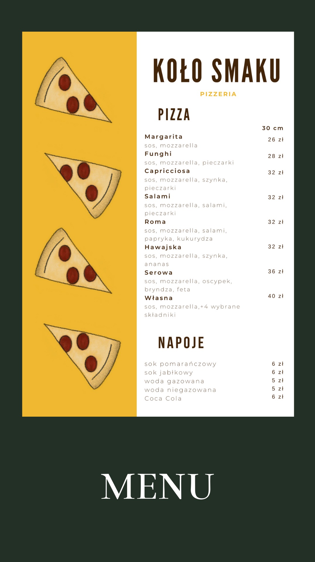 Ilustracja menu pizzerii Koło Smaku z rysunkami trójkątnych kawałków pizzy i listą dostępnych smaków oraz napojów.