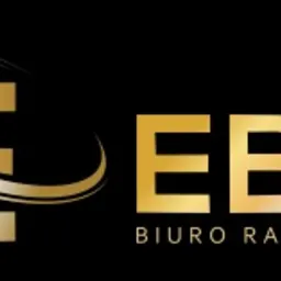 Złote logo 'EBIT Biuro Rachunkowe' na czarnym tle, z dekoracyjnym elementem graficznym w kształcie okręgu wokół litery E.