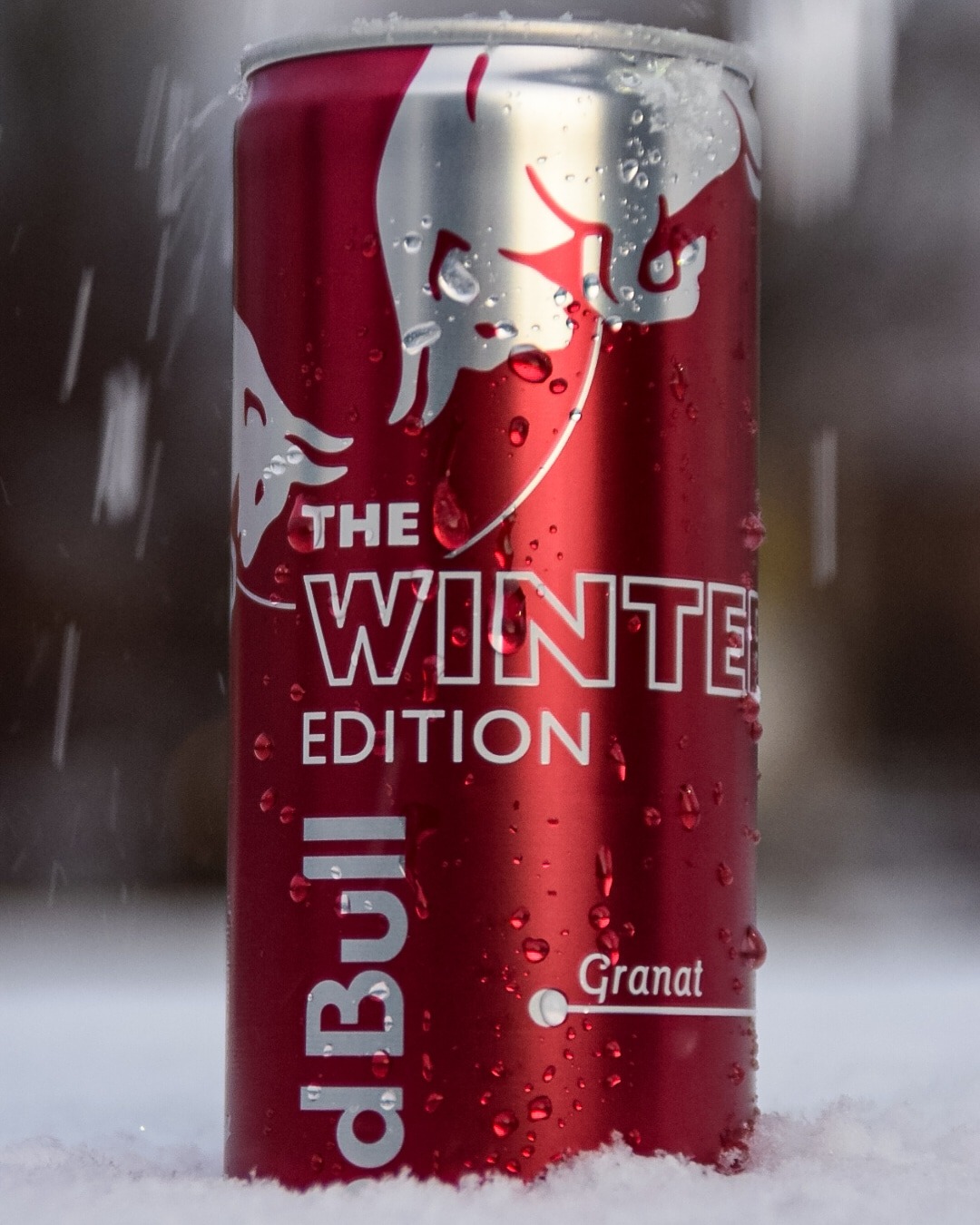 Puszka czerwonego napoju energetycznego Red Bull Winter Edition Granat, pokryta kroplami wody, stojąca na śniegu z rozmytym tłem.
