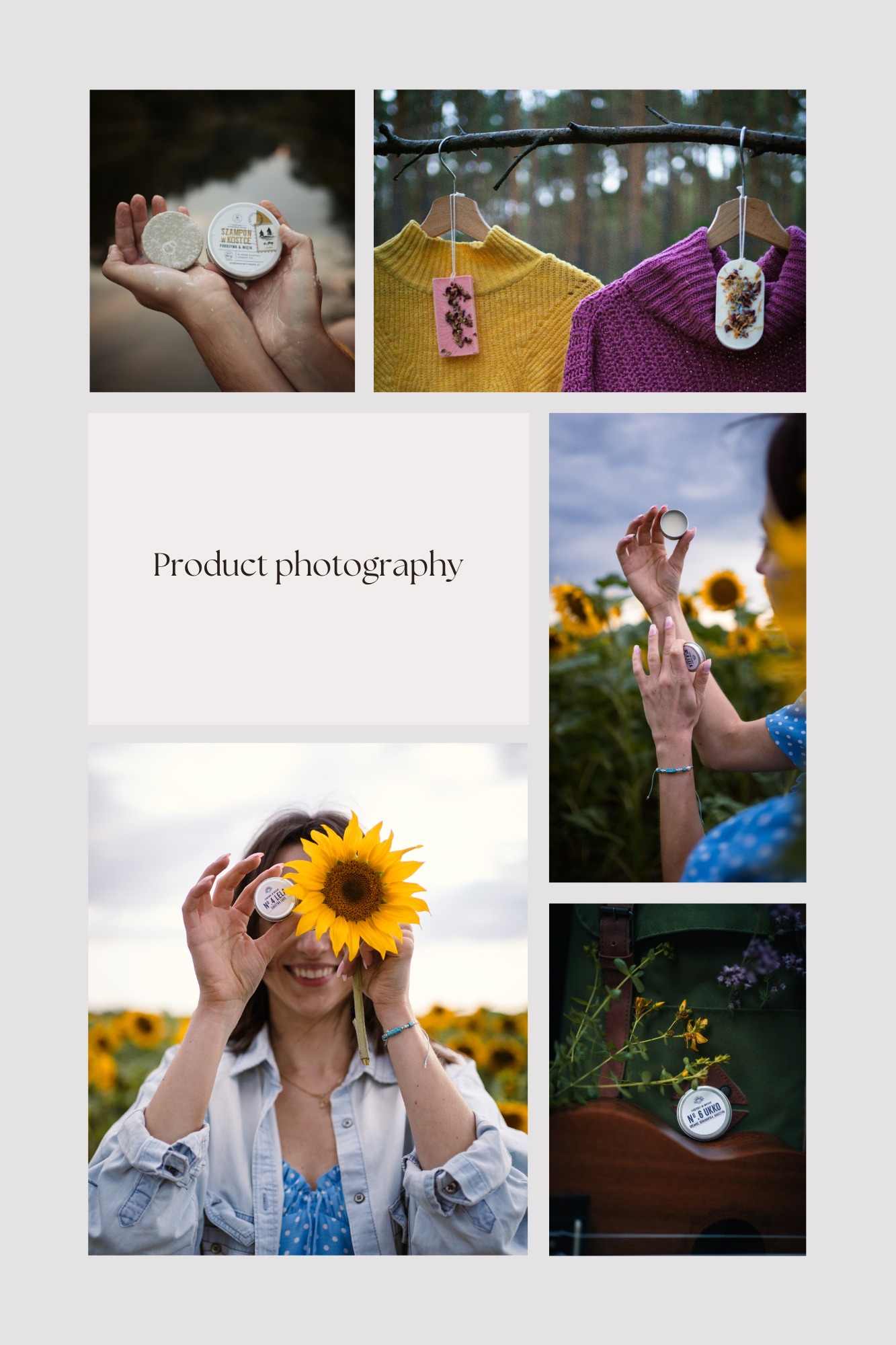 Kompozycja zdjęć produktowych: szampon w kostce prezentowany na dłoniach, w polu słoneczników, na ukulele, oraz woskowe zawieszki zapachowe na ubraniach.