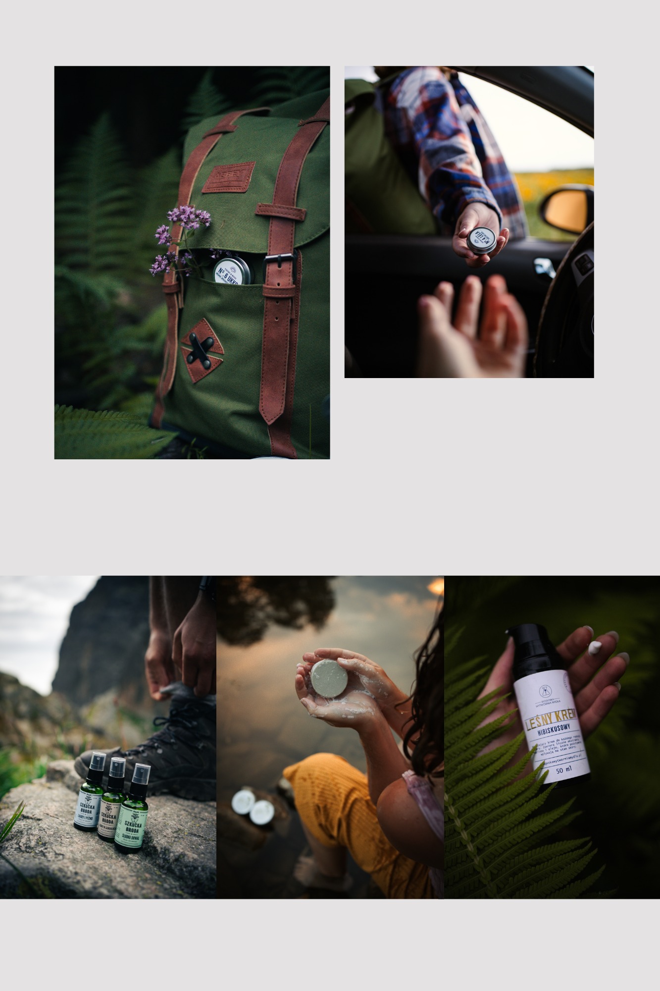 Kompozycja zdjęć promujących naturalne kosmetyki: plecak z kosmetykiem i kwiatami, przekazywanie kosmetyku przez okno samochodu, kosmetyki na kamieniu obok butów trekkingowych, mycie kosmetykiem...