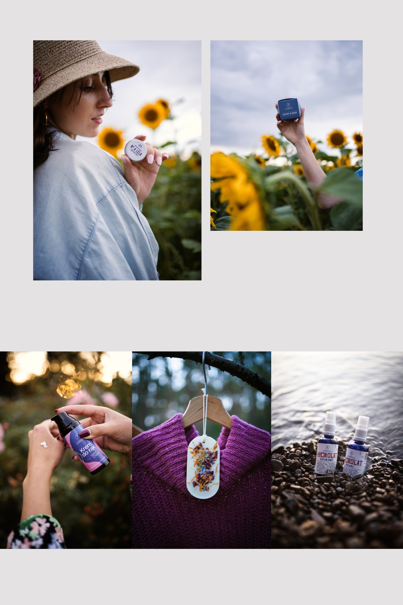 Kompozycja czterech ujęć: kobieta w kapeluszu trzymająca słoiczek kremu na tle słoneczników, dłoń trzymająca pudełko na tle słoneczników, dłoń z kremem na tle kwitnących krzewów, wosk zapachowy...