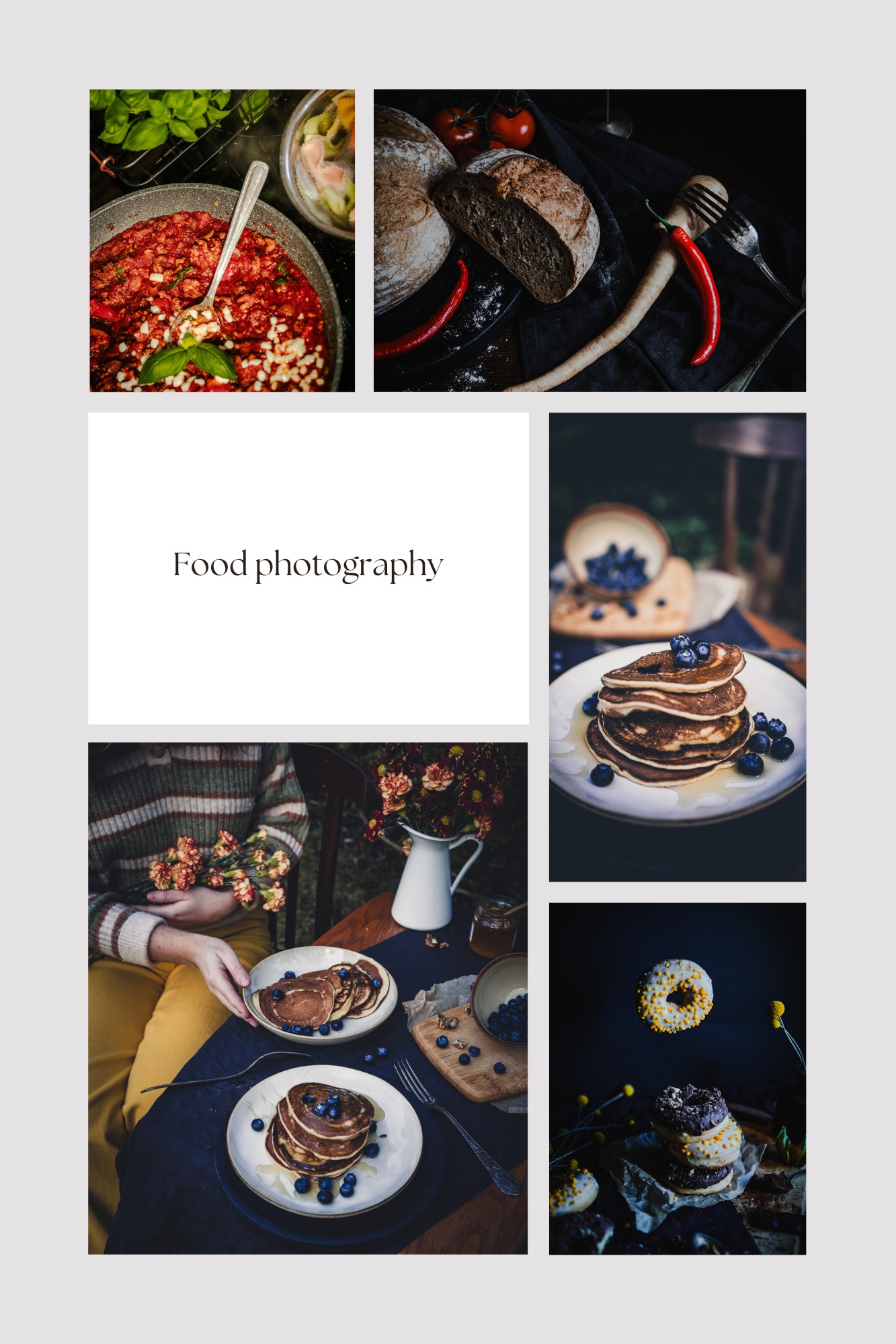 Kompozycja kolażu zdjęć żywności: pomidorowa zupa, chleb, naleśniki z jagodami, pączki w polewie, aranżacja stołu z naleśnikami i kwiatami w wazonie.