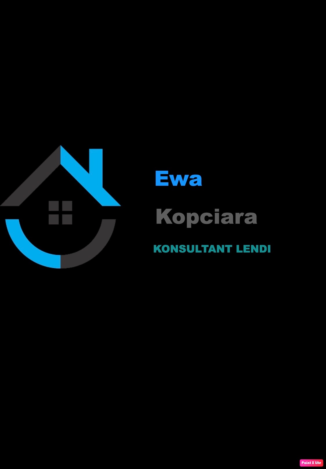 Logo firmy Ewa Kopciara, konsultant kredytowy, z symbolem domu w kolorach niebieskim i szarym na czarnym tle.