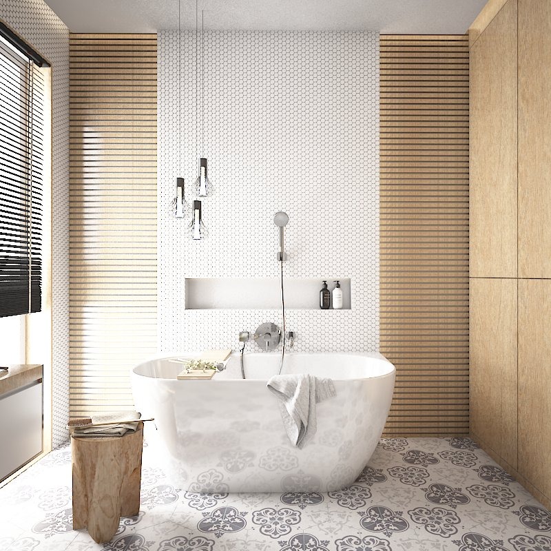 Nowoczesna łazienka w Gliwicach z wolnostojącą wanną, armaturą w kolorze chromu, białymi mozaikowymi płytkami na ścianie, drewnianymi panelami i wzorzystą podłogą.
