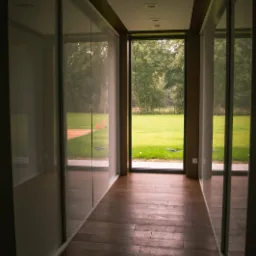 Wnętrze korytarza z drewnianą podłogą i przesuwnymi szafami wnękowymi po obu stronach, z widokiem na zielony ogród przez przeszklone drzwi na końcu.