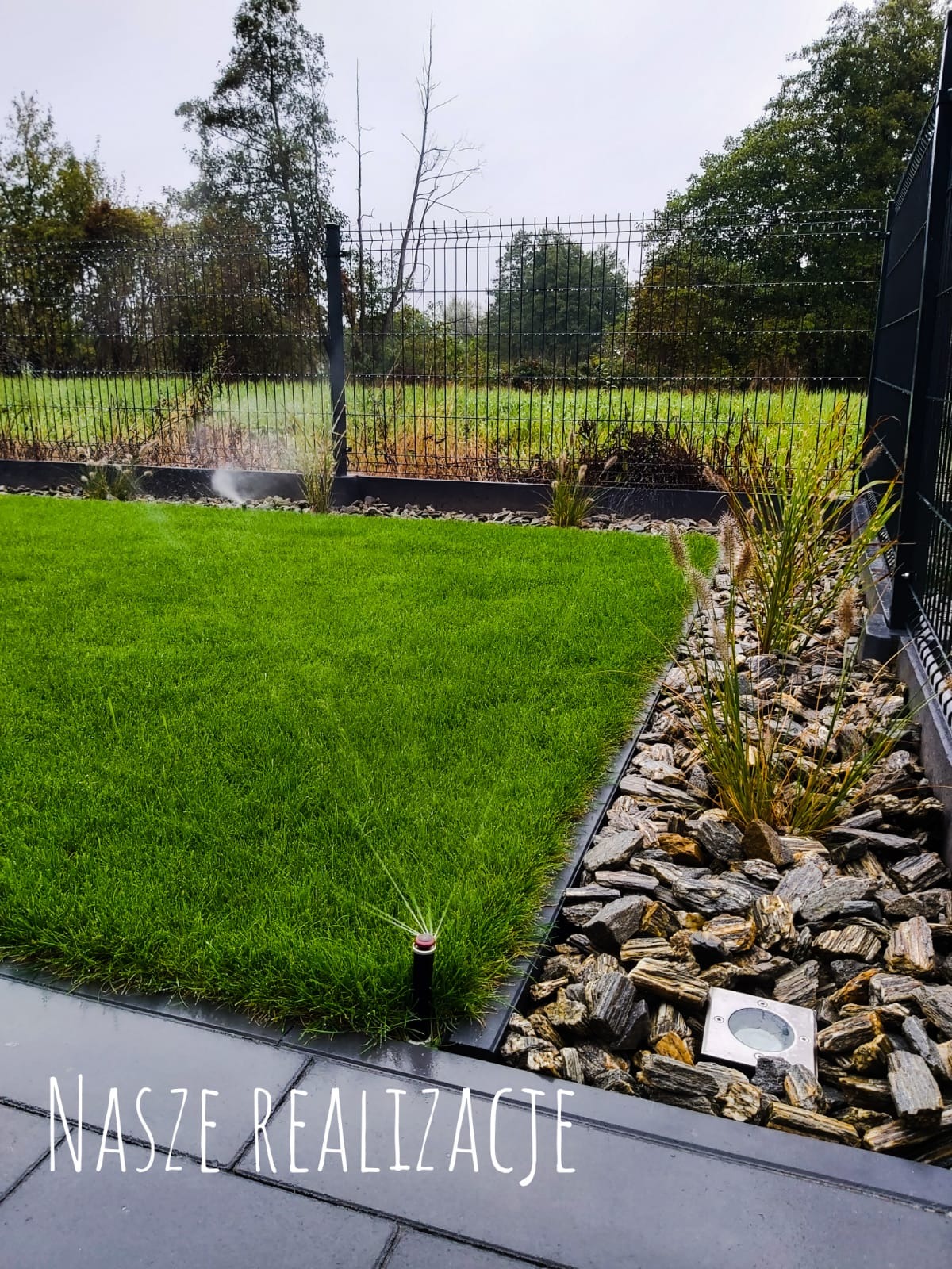 Świeżo założony trawnik z rolki, nawadniany przez zraszacz ogrodowy, obrzeże wyłożone kamieniami i oświetleniem, ogrodzenie panelowe w tle.