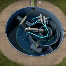 Przekrój zbiornika z spiralnym systemem filtracji wody, widoczne rury doprowadzające i odprowadzające wodę, otoczenie trawnik i ścieżka.