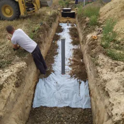 Wykop z ułożoną geowłókniną i warstwą żwiru, widoczna rura pionowa, w tle koparka i zbiorniki na ścieki, pracownik oparty o krawędź wykopu.