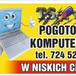 Żółto-czerwony baner reklamowy z animowanym laptopem trzymającym klucz francuski i wskazującym kciukiem w górę, napisem 'Pogotowie Komputerowe' i numerem telefonu.