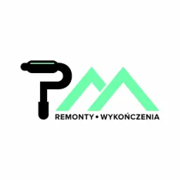 Graficzne logo firmy remontowo-wykończeniowej z stylizowanym wałkiem malarskim i geometrycznymi symbolami gór w kolorze czarnym i miętowym.