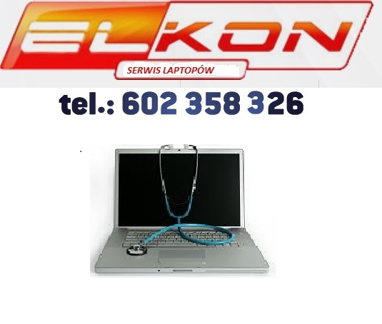 Laptop z czarnym ekranem i stetoskopem na klawiaturze, nad nim logo firmy ELKON i numer telefonu serwisu laptopów.