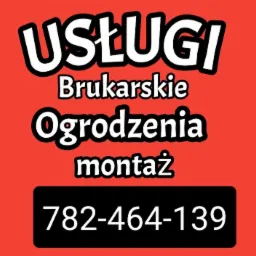 Grafika reklamowa z napisem 'USŁUGI Brukarskie Ogrodzenia montaż' i numerem telefonu na czerwonym tle.