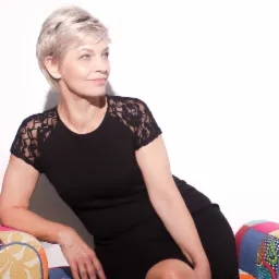 Portret kobiety o krótkich blond włosach, ubranej w czarną sukienkę z koronkowymi rękawami, siedzącej na kolorowym fotelu patchworkowym i spoglądającej w lewo na białym tle.