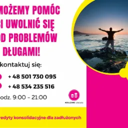 Grafika reklamowa z tekstem 'Możemy pomóc ci uwolnić się od problemów z długami!' oraz sylwetką mężczyzny stojącego na skale z rozłożonymi ramionami na tle morza o zachodzie słońca, numery...