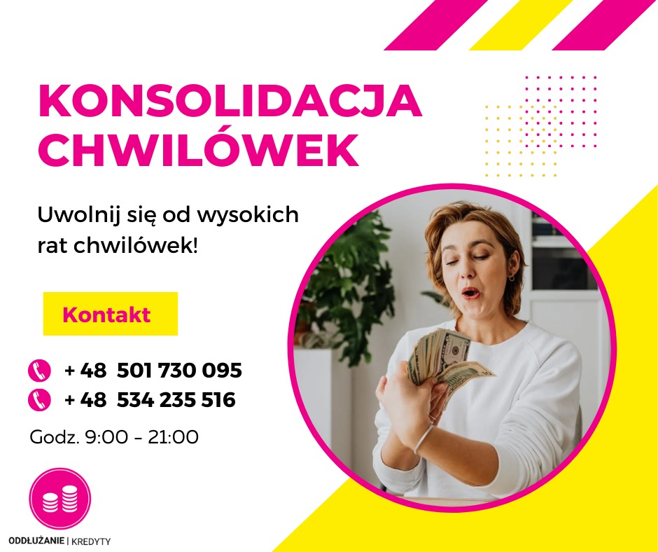 Reklama konsolidacji chwilówek: kobieta w bluzce z długim rękawem trzyma plik banknotów dolarowych, wyrażając zaskoczenie lub ekscytację, w tle roślina doniczkowa, z lewej strony tekst informujący...