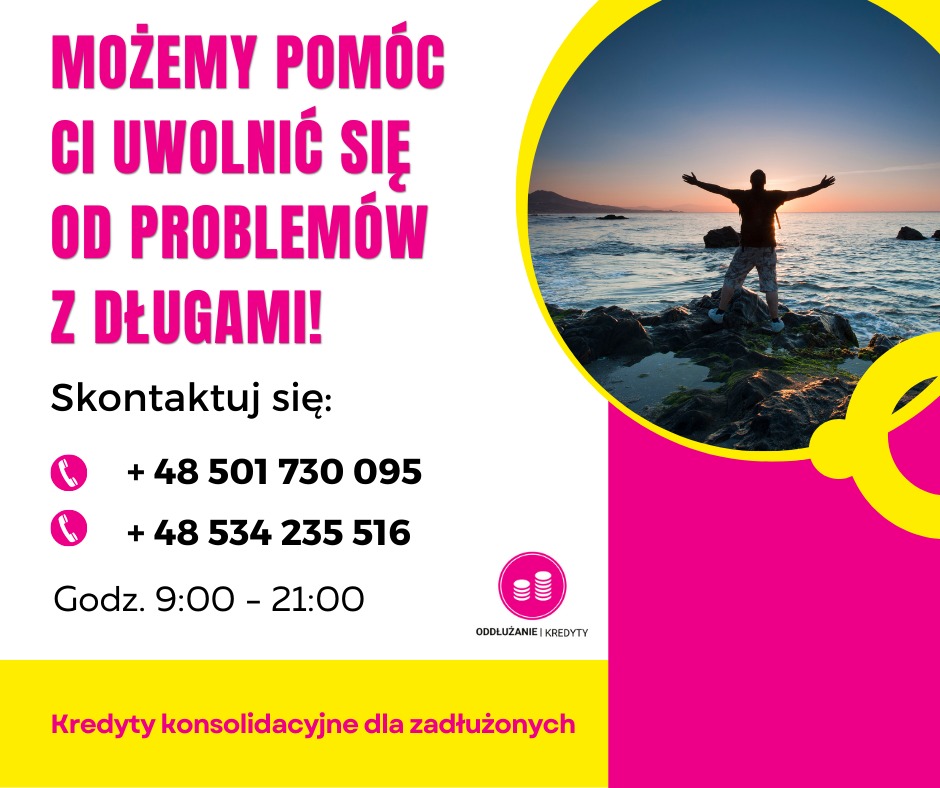 Grafika reklamowa z tekstem 'Możemy pomóc ci uwolnić się od problemów z długami!' oraz sylwetką mężczyzny stojącego na skale z rozłożonymi ramionami na tle morza o zachodzie słońca, numery...
