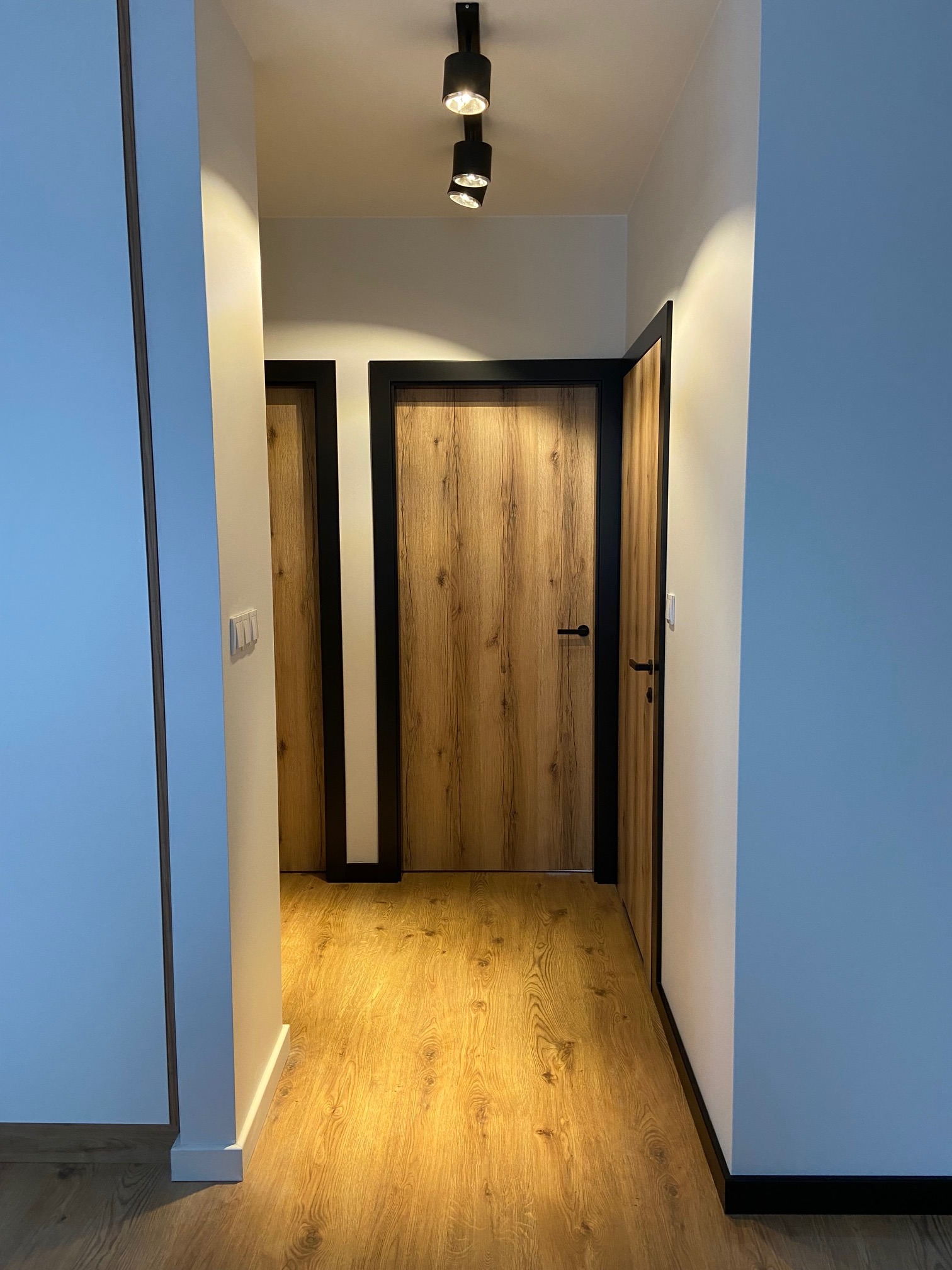 Wnętrze korytarza z drewnianą podłogą i dwiema parami drzwi z czarnymi framugami, oświetlone punktowymi lampami sufitowymi.