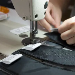 Szwalnia: Detal pracy przy maszynie do szycia, czarny materiał z wszytymi metkami, ręce operatora precyzyjnie układające materiał pod igłą.