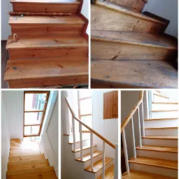 Renowacja drewnianych schodów: etap przed i po, z widocznymi elementami balustrady w trakcie montażu.
