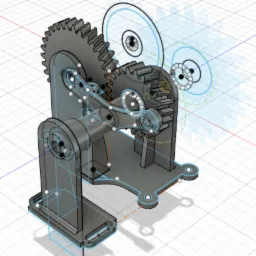 Wizualizacja 3D mechanizmu z przekładnią zębatą w programie CAD, z widocznymi liniami konstrukcyjnymi i elementami pomocniczymi.