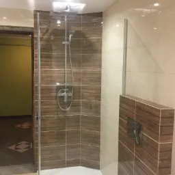 Nowoczesna kabina prysznicowa z deszczownicą i panelami imitującymi drewno, widok na fragment łazienki z zieloną ścianą i wzorzystą podłogą.