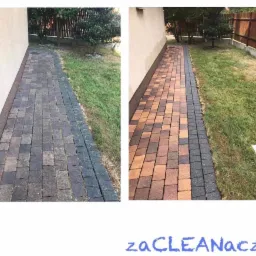Porównanie kostki brukowej przed i po czyszczeniu, widoczne różnice w kolorze i usunięcie zabrudzeń.