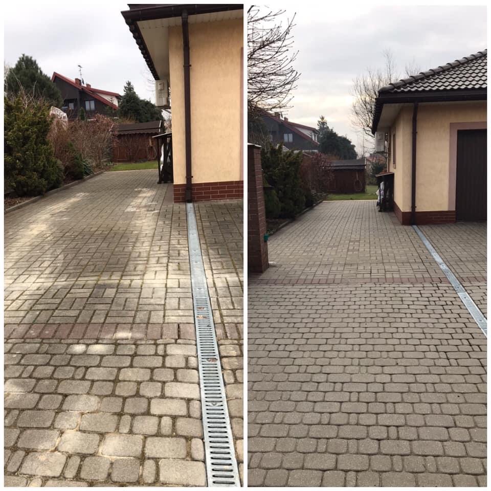 Porównanie kostki brukowej przed i po czyszczeniu, widoczna różnica w kolorze i usunięciu zabrudzeń, z centralnie umieszczonym odpływem liniowym.