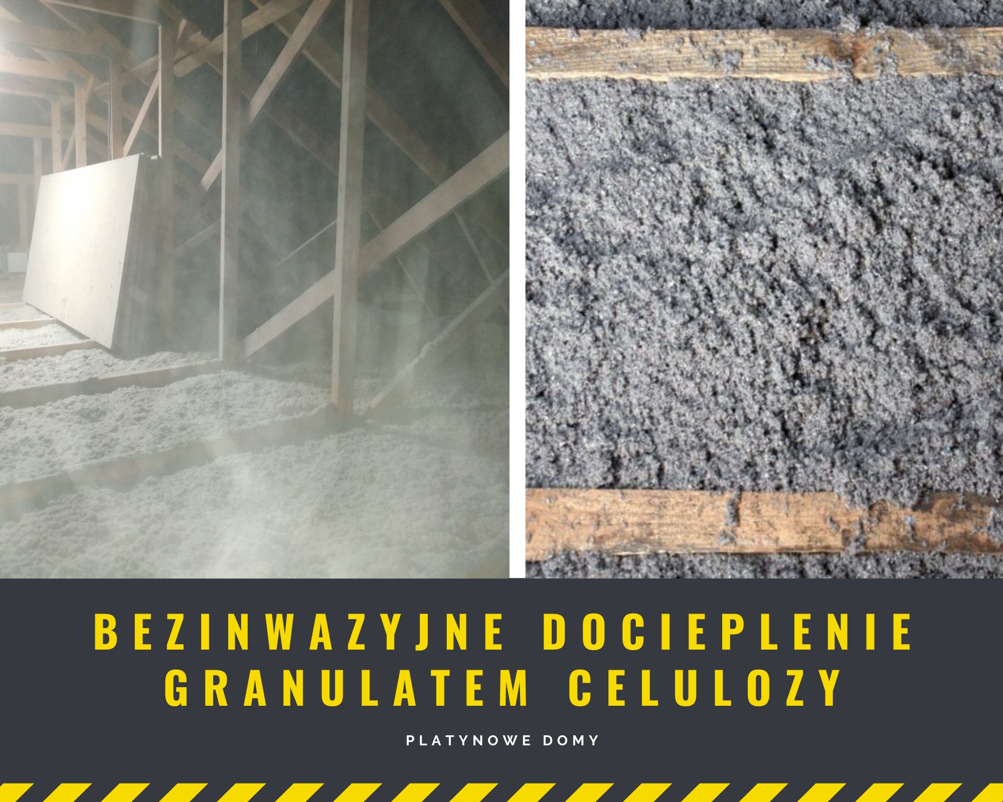 Poddasze w trakcie ocieplania granulatem celulozy, widoczne drewniane elementy konstrukcyjne dachu i luźno ułożony materiał izolacyjny.