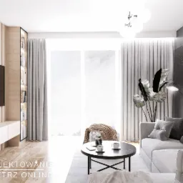 Wizualizacja salonu w stonowanych barwach z dużym oknem, drewnianą ścianką TV, szarą sofą i stolikiem kawowym z filiżankami.