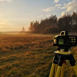Żółty niwelator geodezyjny Sprinter 250M na statywie na tle zalanego porannym słońcem pola i lasu w oddali.