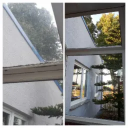 Porównanie okna przed i po czyszczeniu, widoczne zabrudzenia i efekt po usunięciu brudu, zarys elewacji budynku i drzewa w tle.