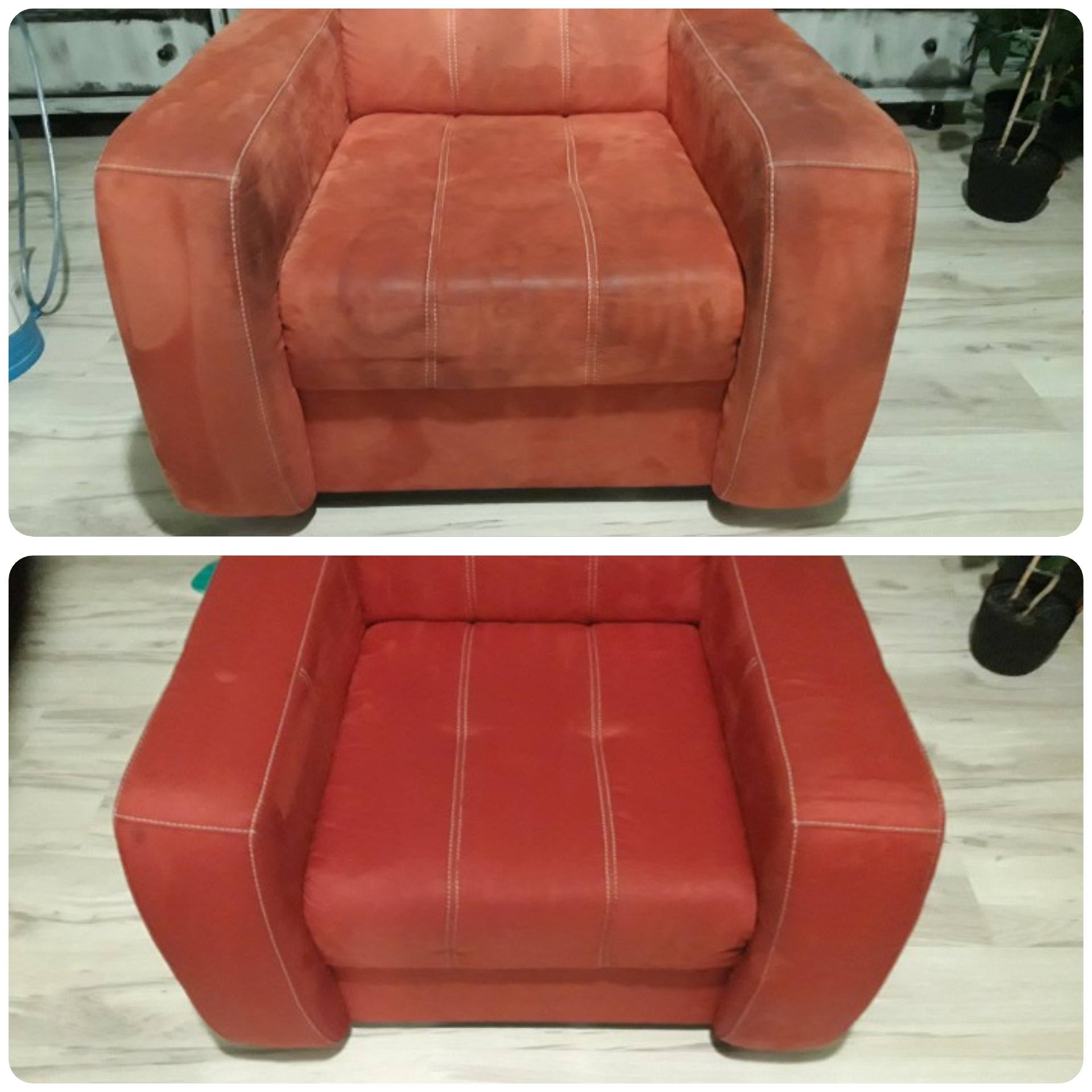 Czerwony fotel tapicerowany, widok przed i po czyszczeniu, ukazujący różnicę w kolorze i usunięciu zabrudzeń.