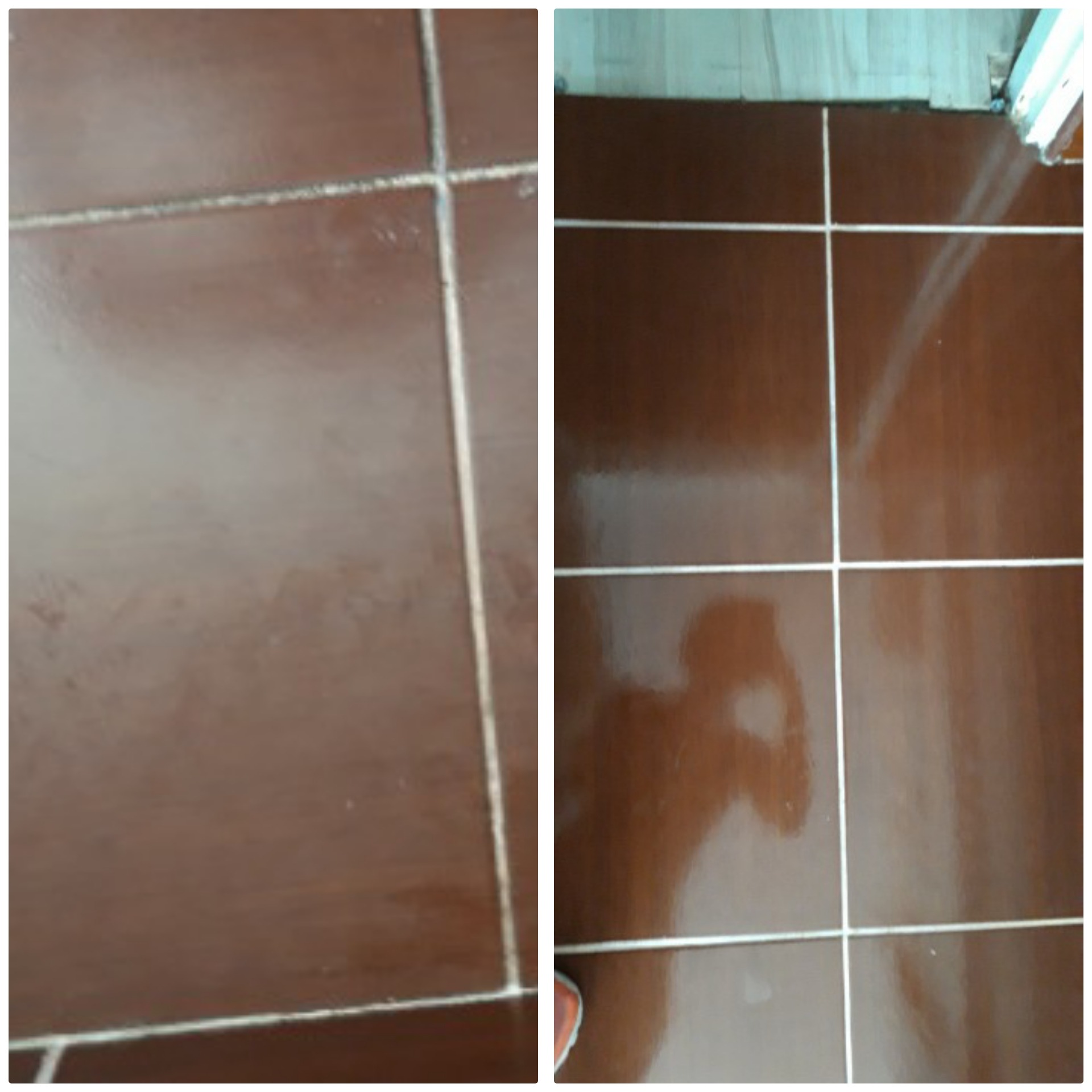Porównanie fragmentu podłogi z brązowych płytek przed i po czyszczeniu fug, widoczne różnice w odcieniu i czystości.